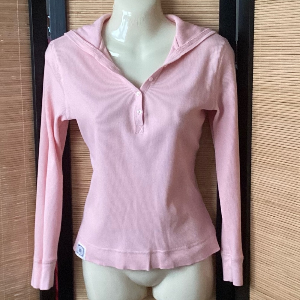 Y2K Vintage CHAPS Henley top Sz S pink cotton hoodie shirt EUC Chaps Denim